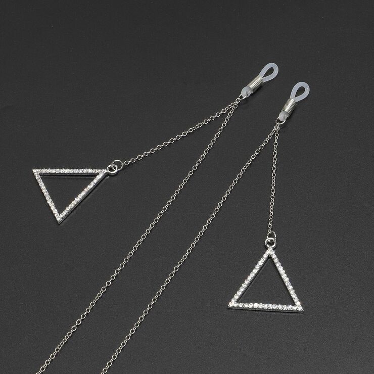 Silver-colored metal non-slip chain, with pendant triangle and rhinestone, for glasses and masks GL612