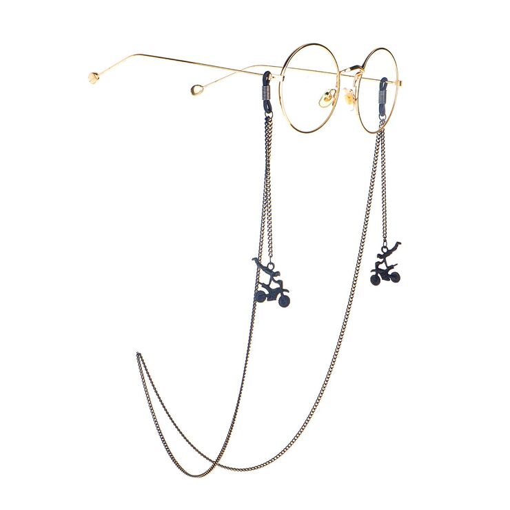 Black-colored metal non-slip chain, with pendant motorcycle, for glasses and masks GL982