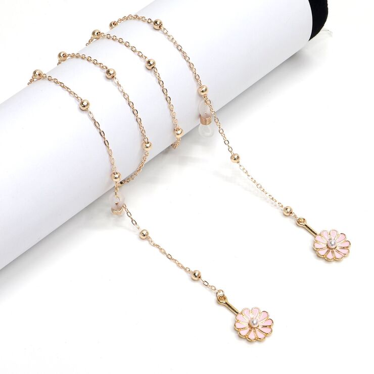 Gold-colored metal non-slip chain, pendant pink daisy and beads, for glasses and masks GL1022-1
