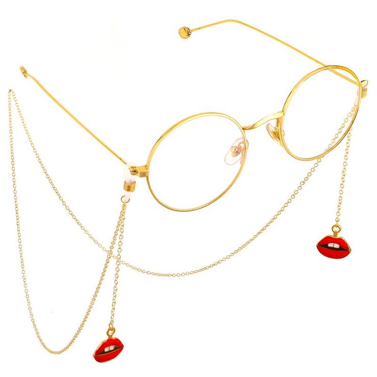 Gold-colored metal non-slip chain, with personalized mouth, red lips, for glasses and masks GL540