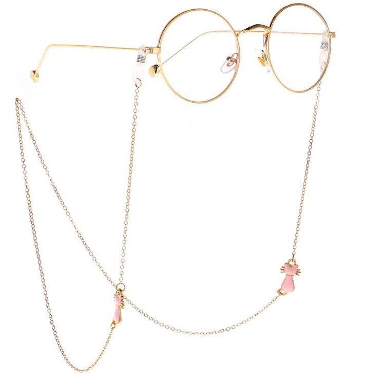 Gold-colored metal non-slip chain, with pink cat, for glasses and masks GL024
