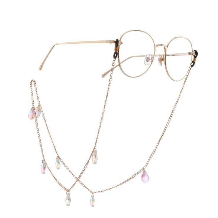 Gold-colored metal non-slip chain, with teadroop crystal, for glasses and masks GA043