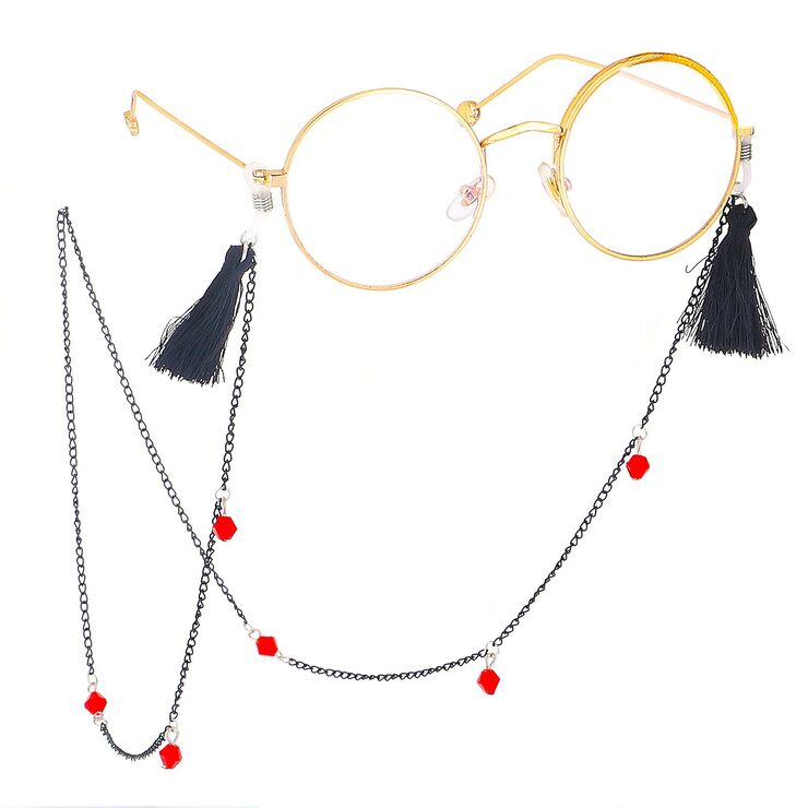 Black-colored metal non-slip chain, with pendant black tassel and crystal, for glasses and masks GL409