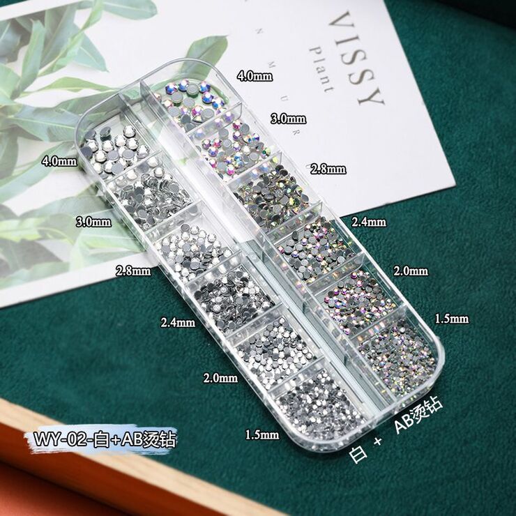 A set of rhinestones with a flated bottom for decorating frames and glasses, 12 grid, 白+AB烫钻12格盒装 WY-02(price per pack, minimum 3)