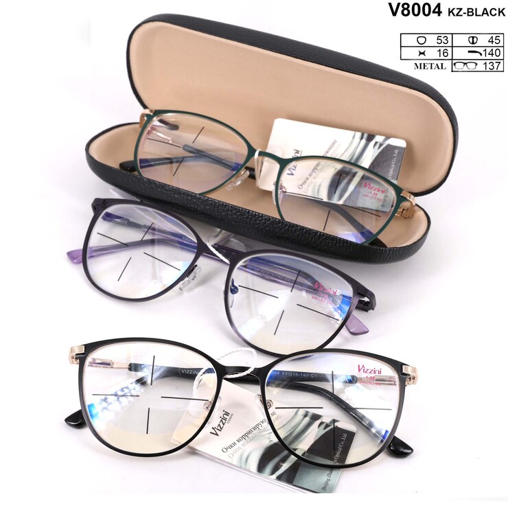 Ready-made metal frame glasses Vizzini V8004 (KZ-BLACK), lens block blue light, diopters from -4.00 to +4.00 (stap 0.25 +and-)