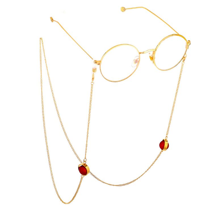 Gold-colored metal non-slip chain, with red frosted beads, for glasses and masks GL627