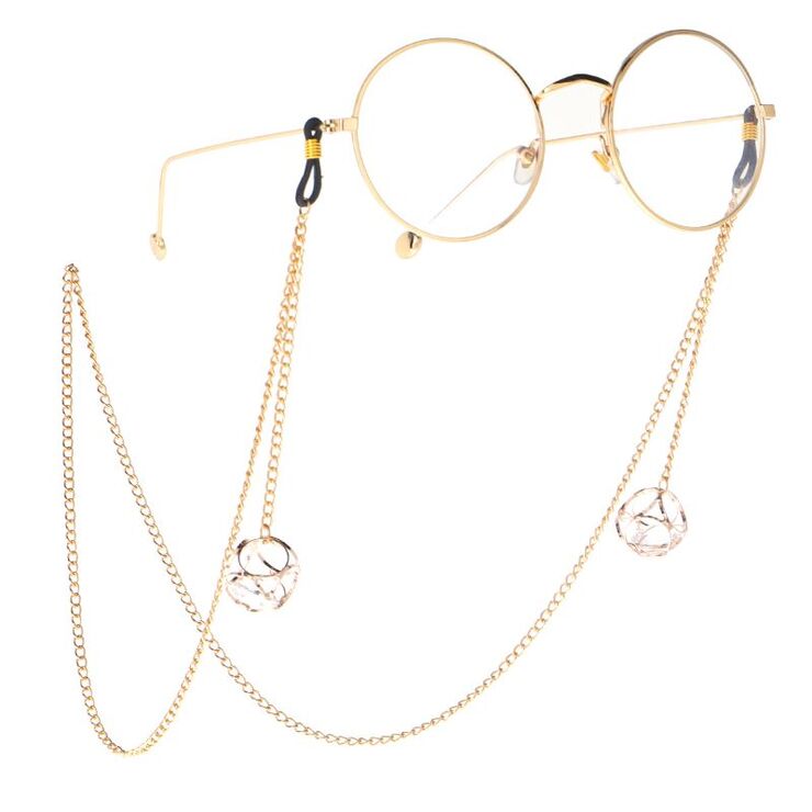 Gold-colored metal non-slip chain, with hollow rhinestone pendant, for glasses and masks GL027