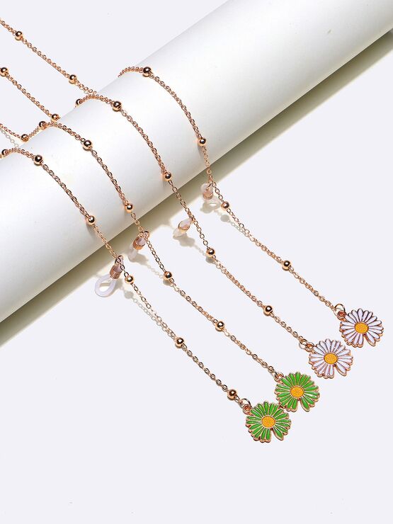 Metal non-slip chain gold, 2-piece set with white and green daisy, for glasses and masks GM100