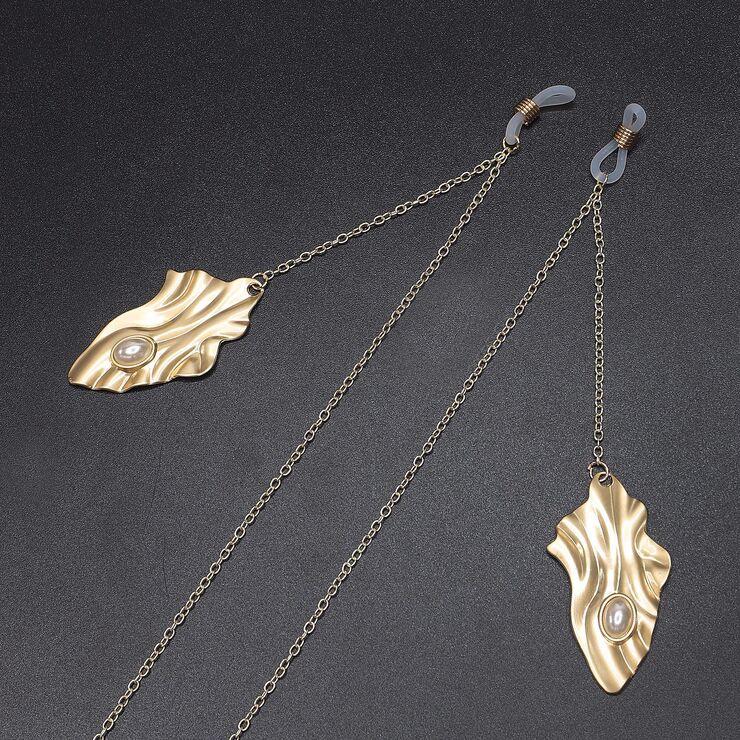 Gold-colored metal non-slip chain, with pendant geometric curved and pearl, for glasses and masks GL555