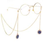 Gold-colored metal non-slip chain, with pendant round with rhinestone, for glasses and masks GL251