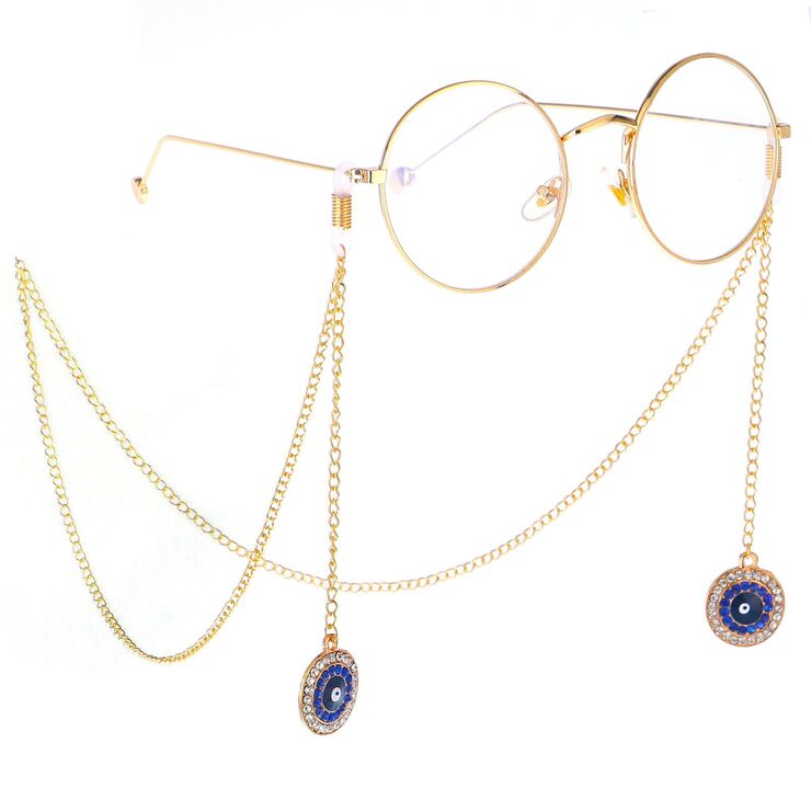 Gold-colored metal non-slip chain, with pendant round with rhinestone, for glasses and masks GL251