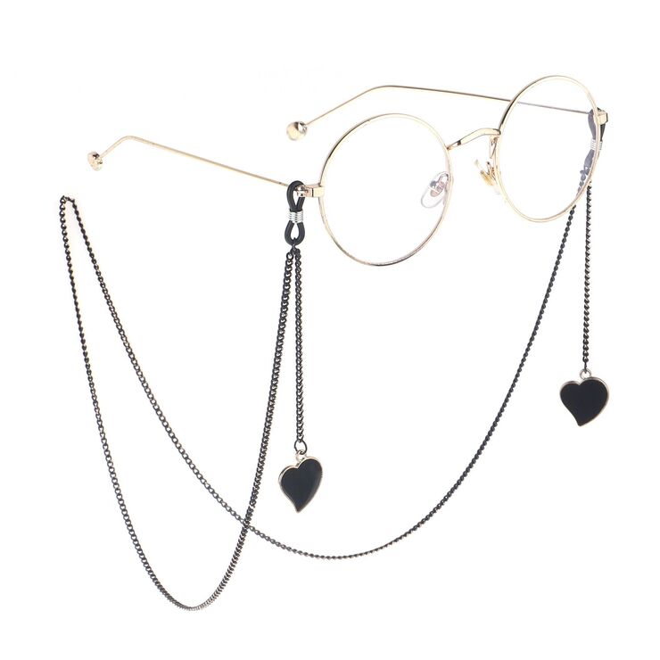 Black-colored metal non-slip chain, with pendant heart, for glasses and masks GL860