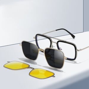 Combined metal + plastic Blue Ray Cut protection frame + 2 magnet sunshade clip-ons 7701-GT