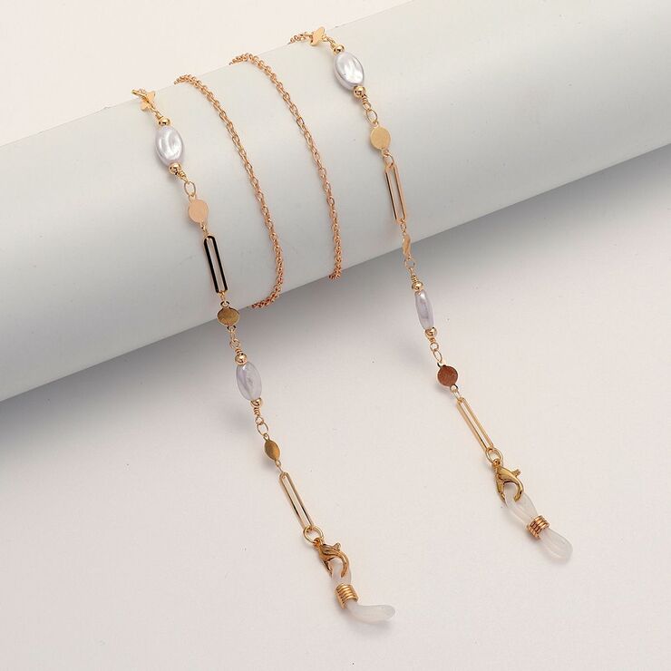 Металлическая нескользящая цепочка золотого цвета, с жемчужными овалами и металлическими дисками, для очков и масок GL1864