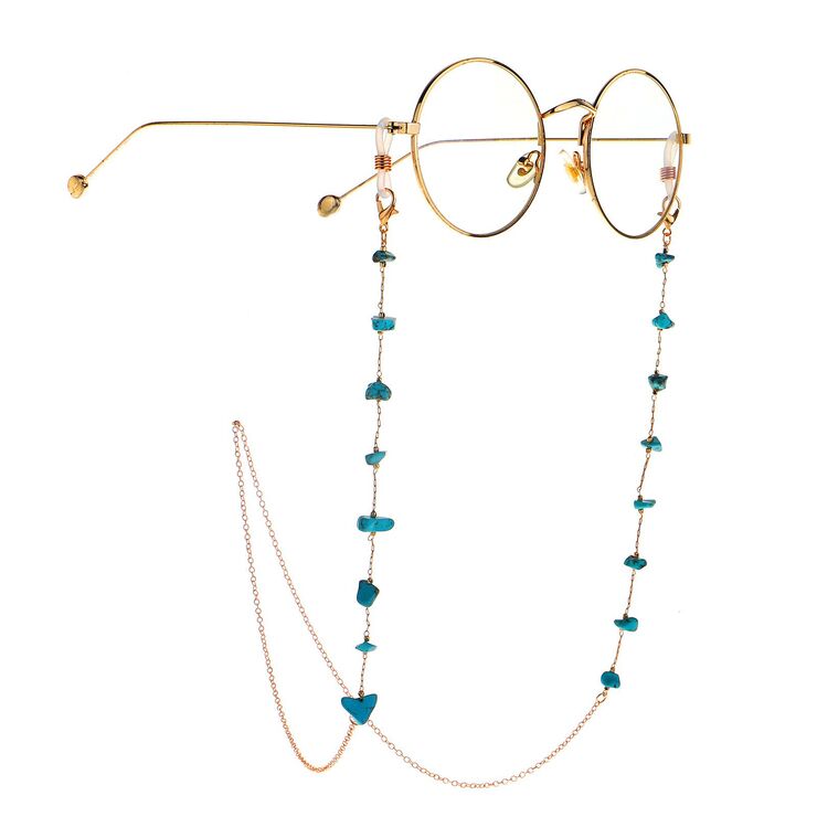 Gold-colored metal non-slip chain, with natural turquoise beads, for glasses and masks GL995