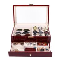 Glasses, frames and accessories holder display with cover and drawer, 3 places for glasses, red