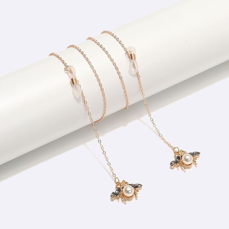 Металлическая нескользящая цепочка золотого цвета, с подвеской пчела с жемчугом, для очков и масок GL1528