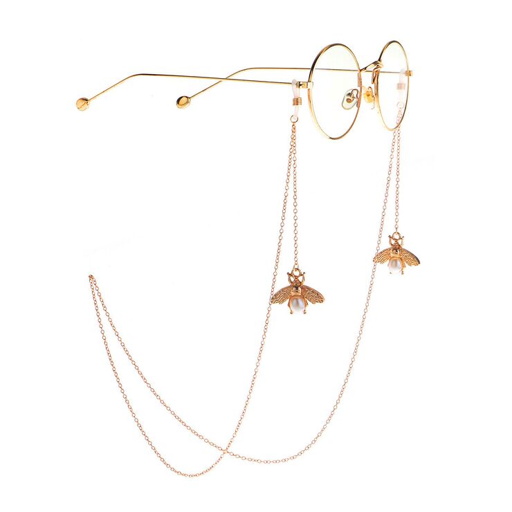 Gold-colored metal non-slip chain, with pendant bee and pearl, for glasses and masks GL930