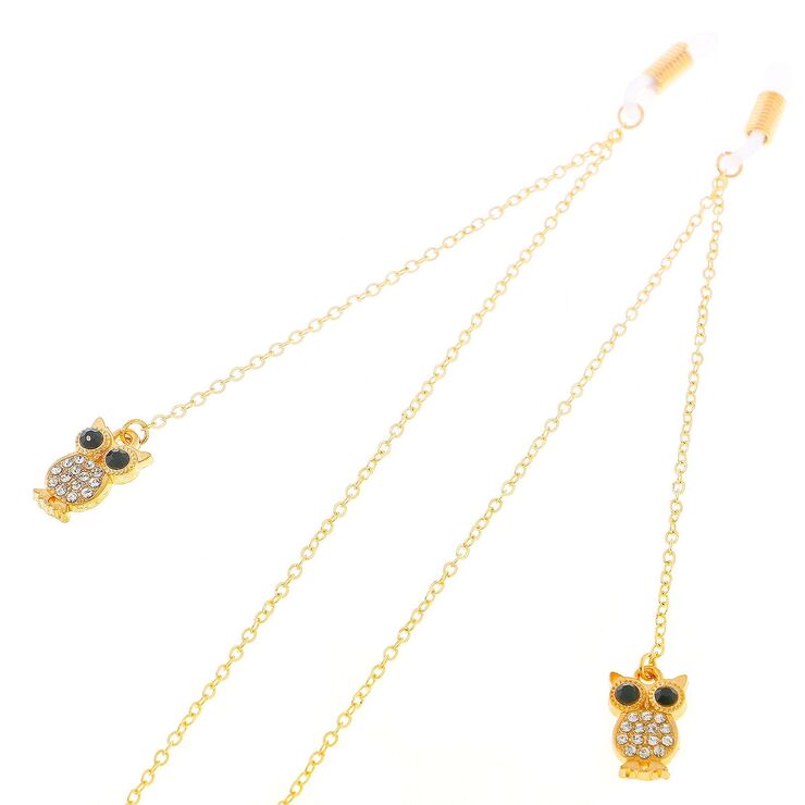 Gold-colored metal non-slip chain, with pendant owl and rhinestone, for glasses and masks GL253