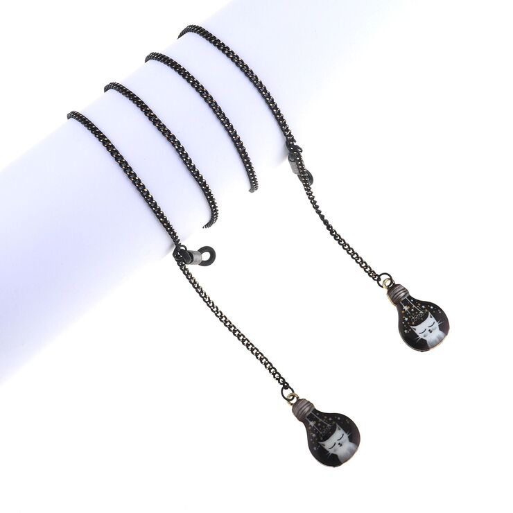 Black-colored metal non-slip chain, with pendant light bulb, for glasses and masks GL831