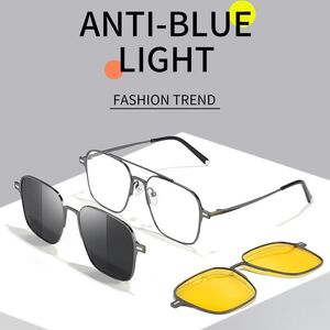 Metal Blue Ray Cut protection men's frame + 2 magnet sunshade clip-ons 7009-GT