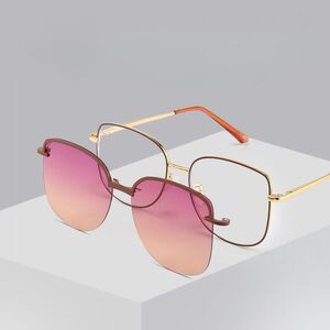 Оправа металлическая с защитой от синего света + магнитная солнцезащитная насадка (клипон) 7004-GT