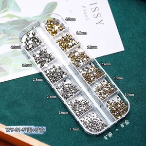 Set of rhinestones with a flated bottom for decorating frames and glasses, 12 types, 星陨+香槟-12格盒装 (price per pack, minimum 3)