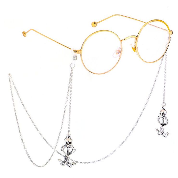Silver-colored metal non-slip chain, with snake and skull pendant, for glasses and masks GL475