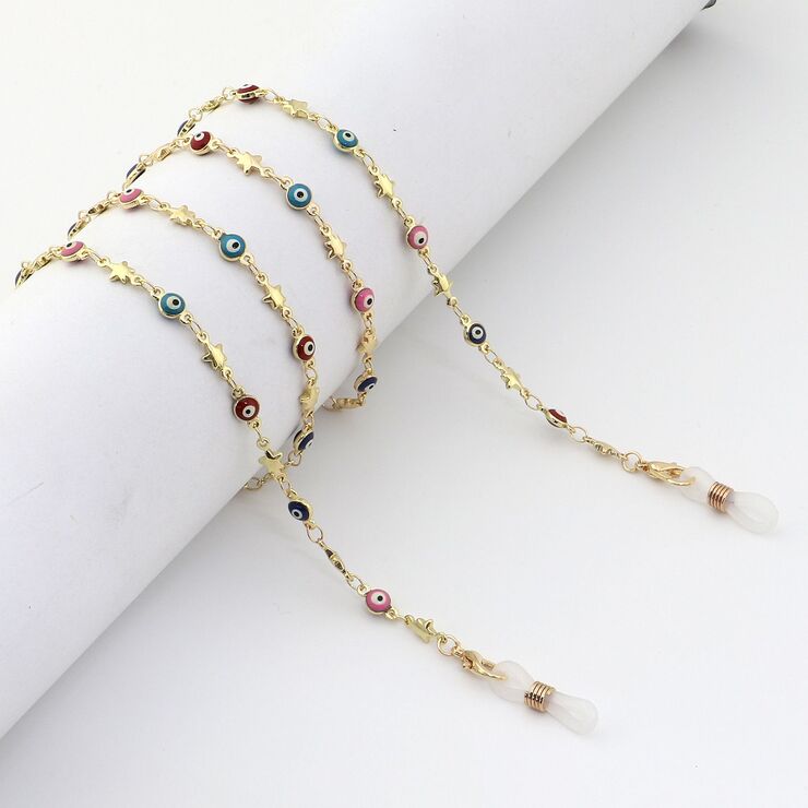 Gold metal non-slip chain, with colored eyes and star, for glasses and masks GL984