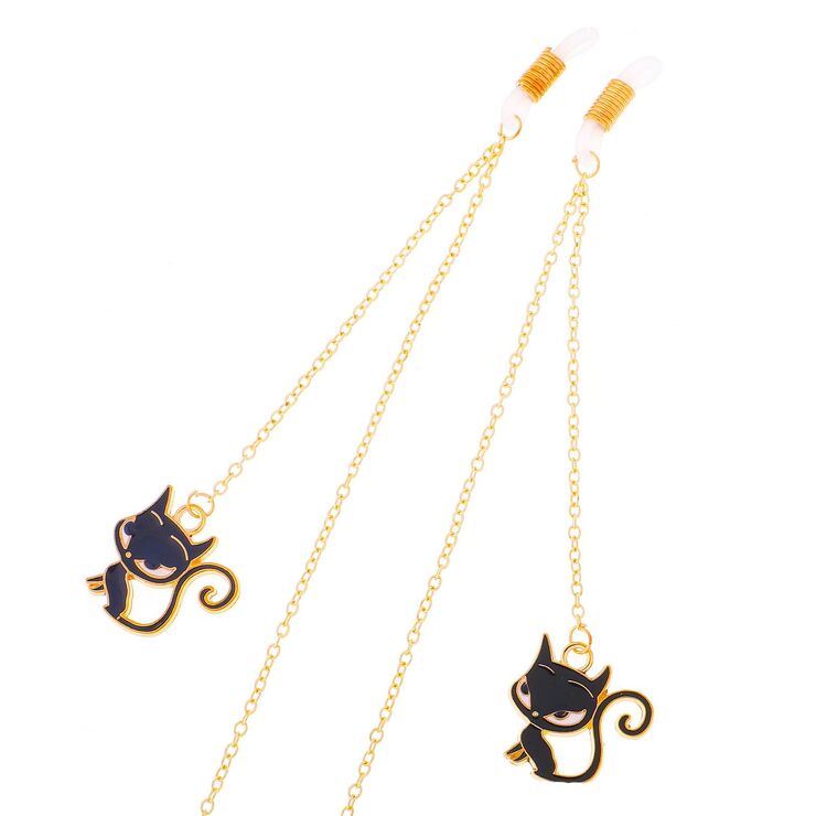Gold-colored metal non-slip chain, with pendant black cat, for glasses and masks GL309