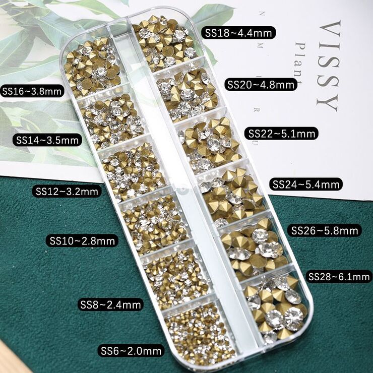 Set of rhinestones with a pointed bottom for frames and glasses decorating, magic color, sizes 3.2-5.1 mm (price per pack, 3 packs minimum)
