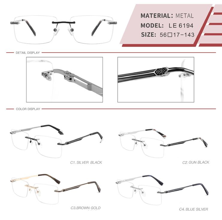 Metal rimless on screws frame for men with spring hinges LE6194-DA