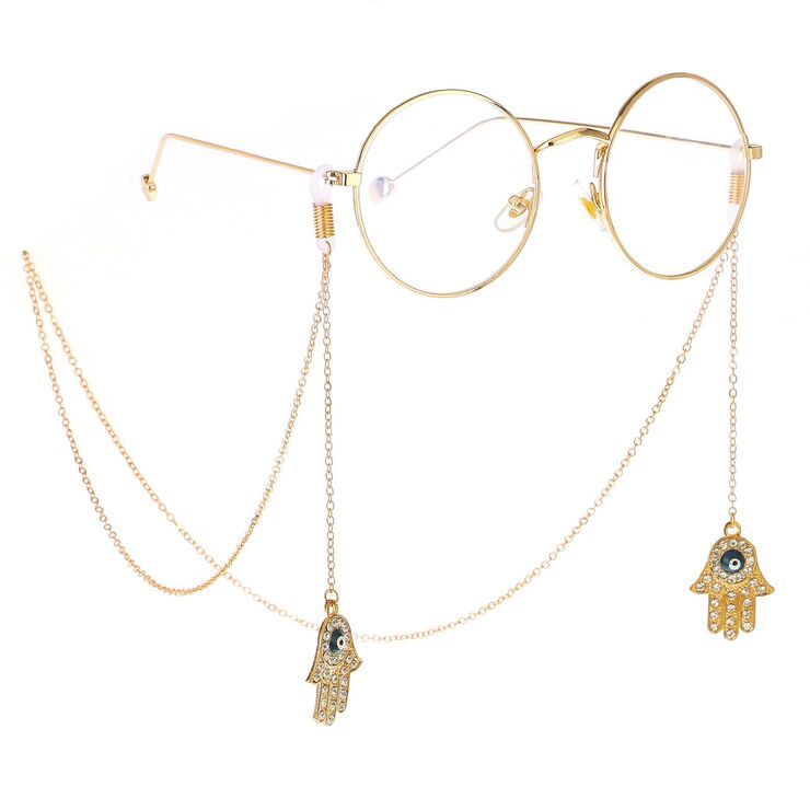 Gold-colored metal non-slip chain, with pendant palm and rhinestone, for glasses and masks GL245