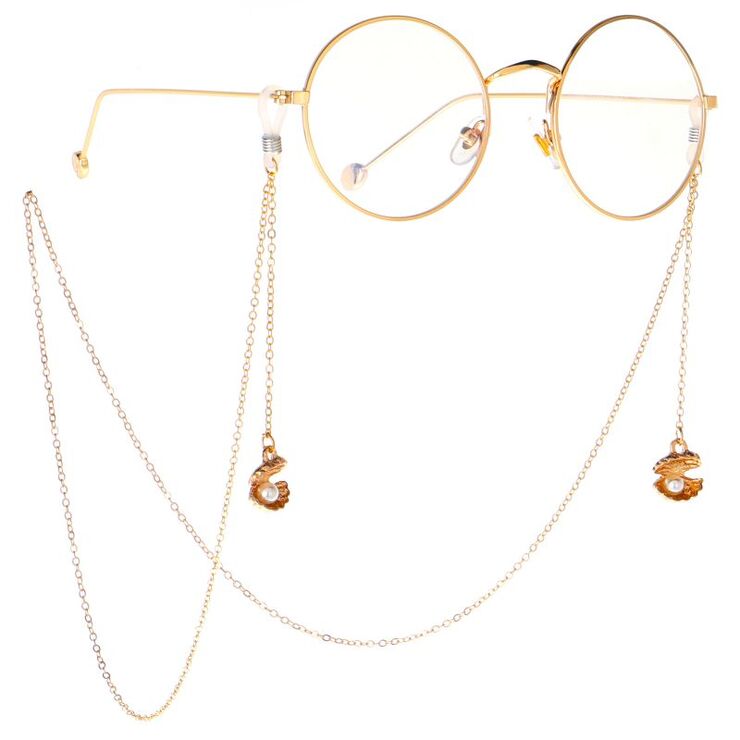Gold-colored metal non-slip chain, with shell and pearl, for glasses and masks GL017