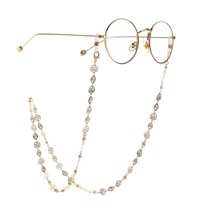 Gold-colored metal non-slip chain, with pearl and hollow rose, for glasses and masks GL990