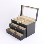 Glasses and frames holder display with 18 slots, 2 drawers and cover, carbon leather