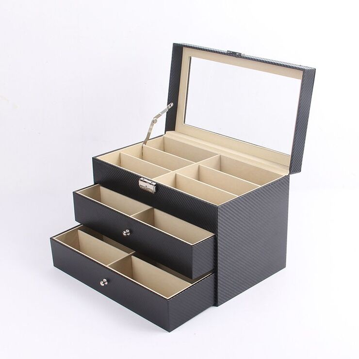 Glasses and frames holder display with 18 slots, 2 drawers and cover, carbon leather