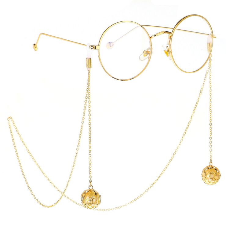 Gold-colored metal non-slip chain, with pendant hollow ball and rhinestone, for glasses and masks GL252