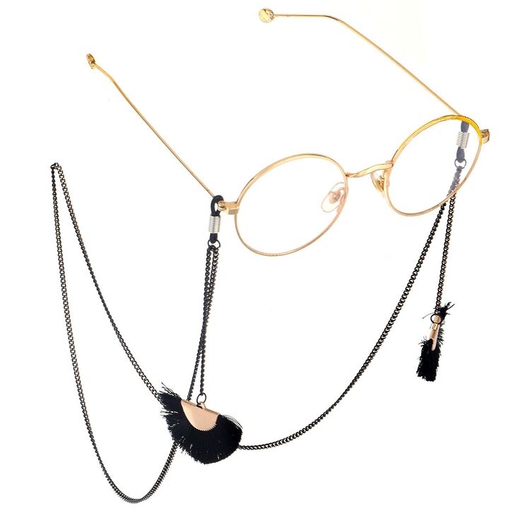 Black-colored metal non-slip chain, with pendant fan-shaped tassel, for glasses and masks GL708