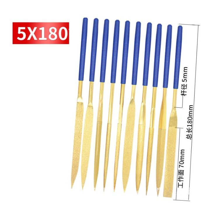 Electroplated diamond files, gold with blue handles, set of 10 pieces