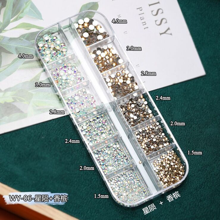 A set of rhinestones with a flated bottom for decorating frames and glasses, 12 grid, 华子款-白+AB彩钻12格盒装 WY-04 (price per pack, minimum 3)