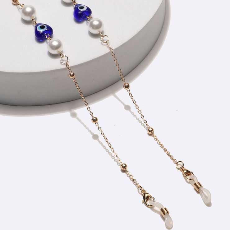 Металлическая нескользящая цепочка золотого цвета, с синими глазами, жемчугом и бусинами, для очков и масок GL1736