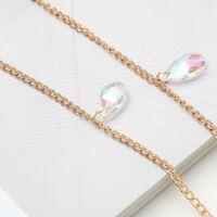 Gold-colored metal non-slip chain, with teadroop crystal, for glasses and masks GA043