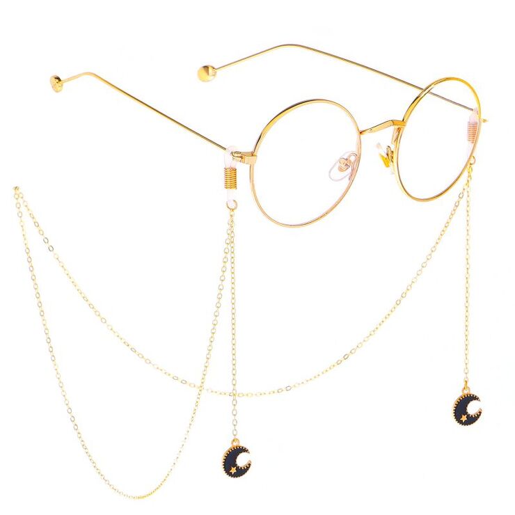Gold-colored metal non-slip chain, with black moon and star pendant, for glasses and masks GL282
