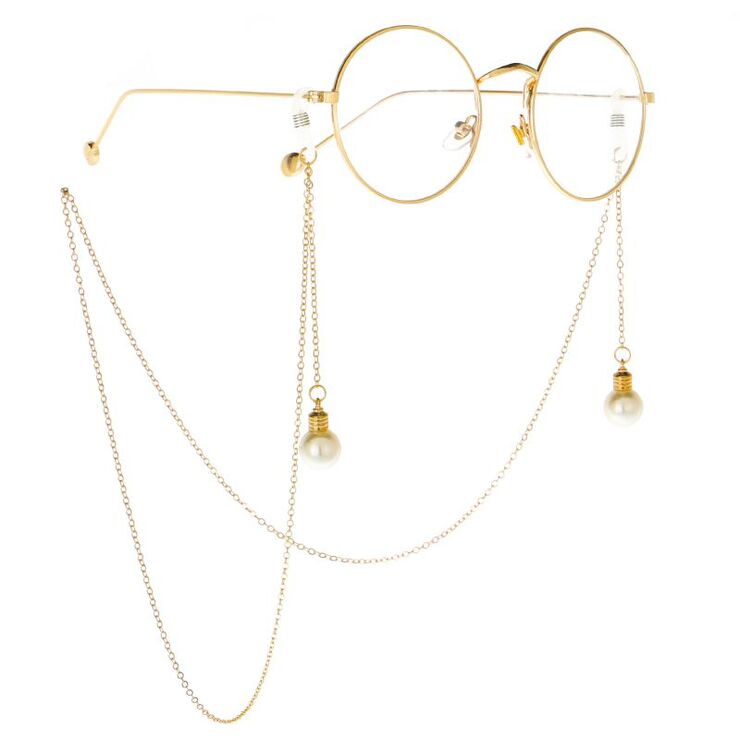 Gold-colored metal non-slip chain, with pearl light bulb pendant, for glasses and masks GL043