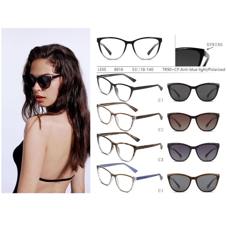Plastic TR90+CP eyeglasses frame with blue ray cut protection, with spring hinges + sun protection polarized clip-on Leke LK8816