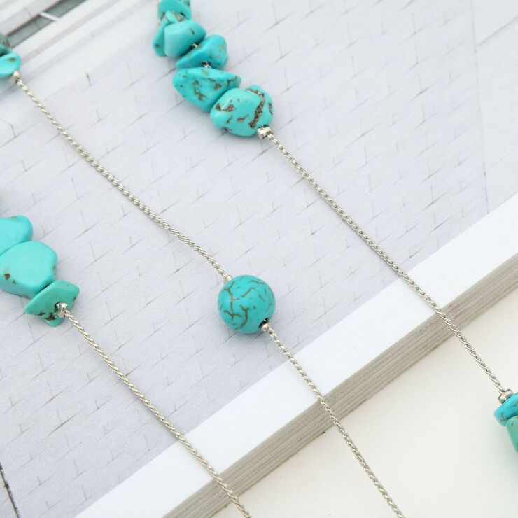 Silver-colored metal non-slip chain, with natural turquoise, for glasses and masks GA056