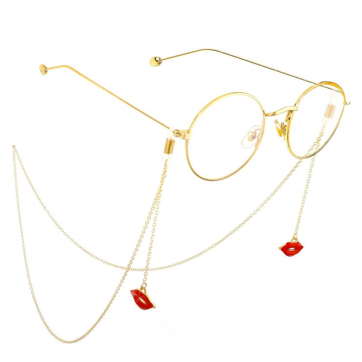 Gold-colored metal non-slip chain, with pendant red lips, for glasses and masks GL541