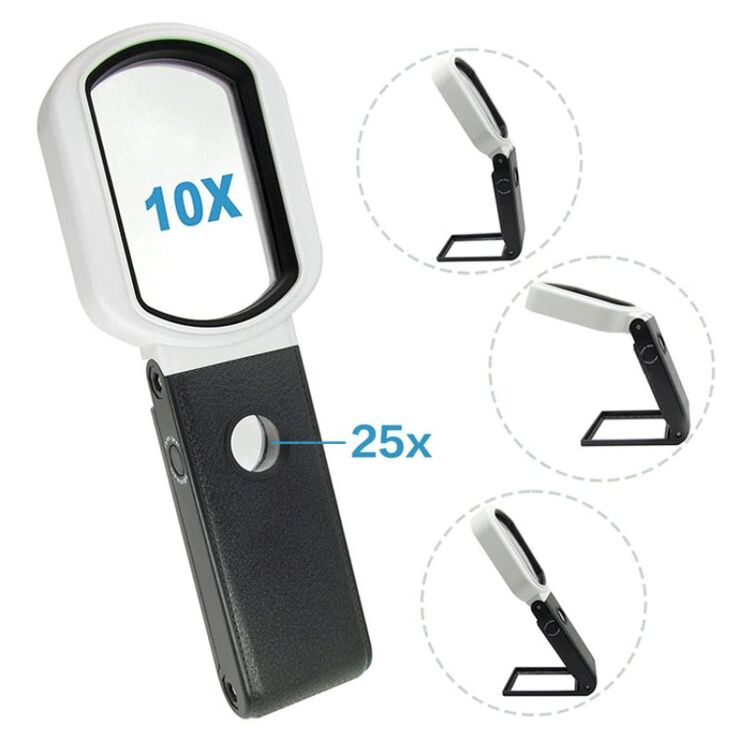 Folding magnifier with universal backlight 7018FX-XX, dimensions: 85*55 mm, ⌀20 mm, magnification: 10Х, 25Х