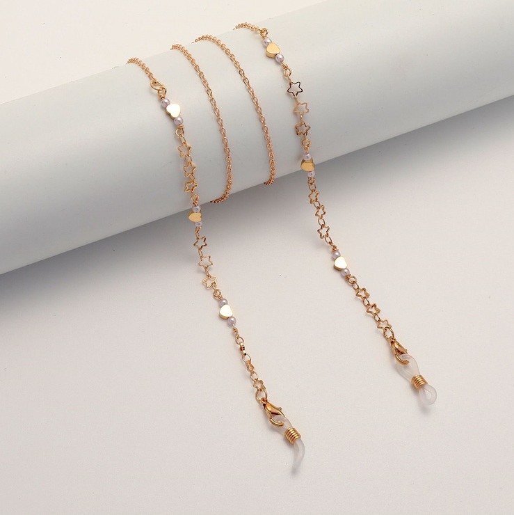 Gold-colored metal non-slip chain, with hollow star and peach heart, for glasses and masks GL1862